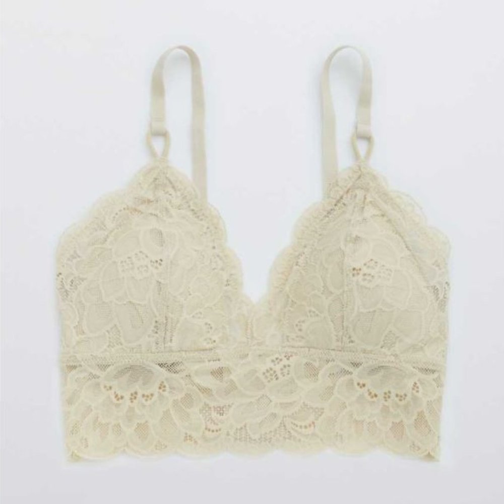 Aerie Lace Padded Triangle Bralette - Soft Oat - M